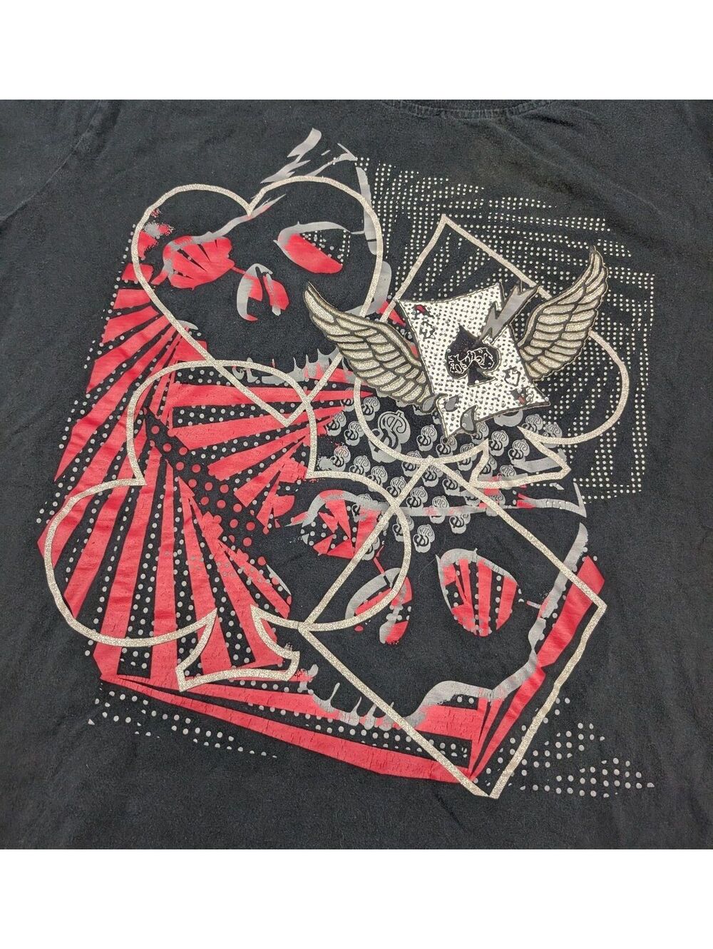 Y2K Avirex Heart and Skull Cards Studded Black T-shirt - Picture 2 of 6